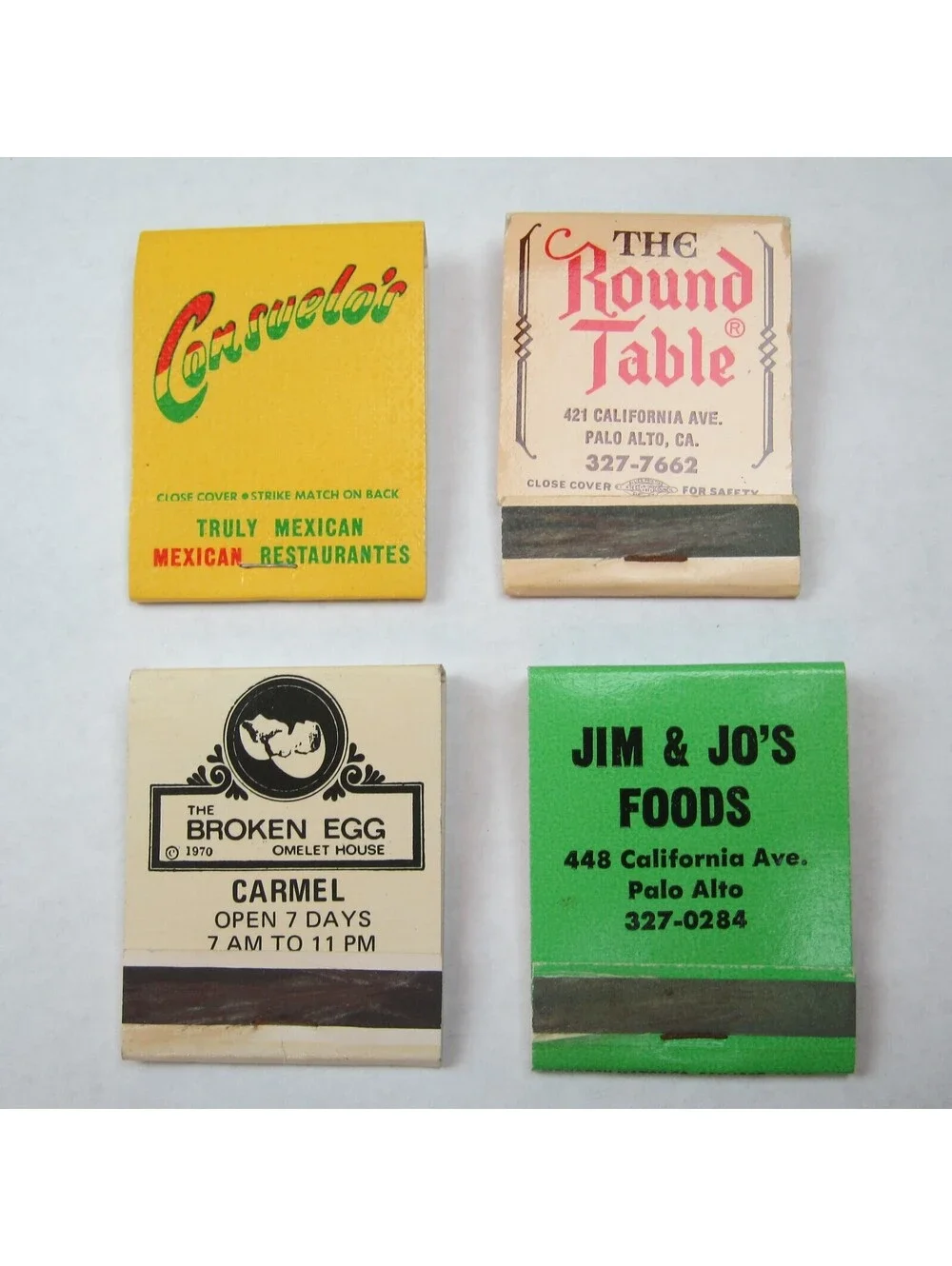 4 Matchbook Covers Consuelos, The Round Table, The Broken Egg Jim & Jos Foods CA